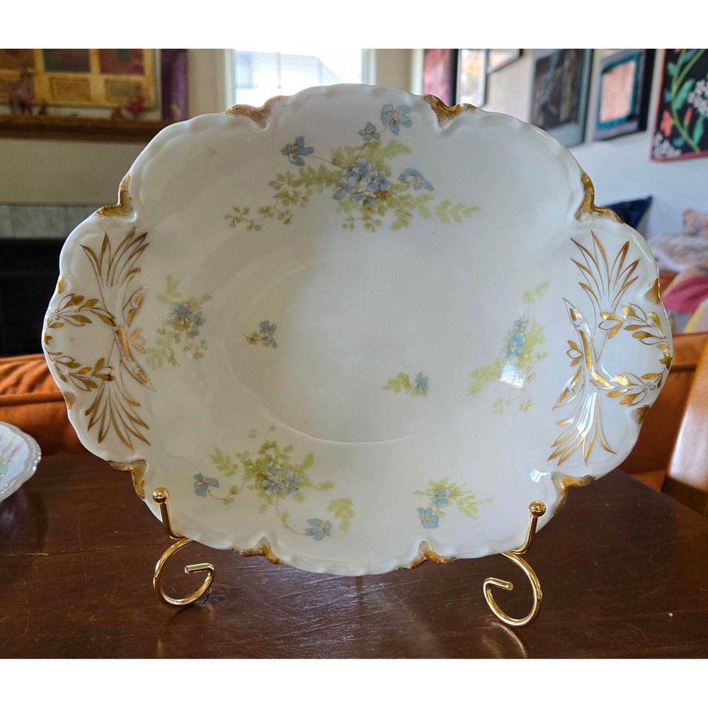 Haviland Limoges France Cottage Oval Serving Bowl Blue Floral Gold Scalloped 10"